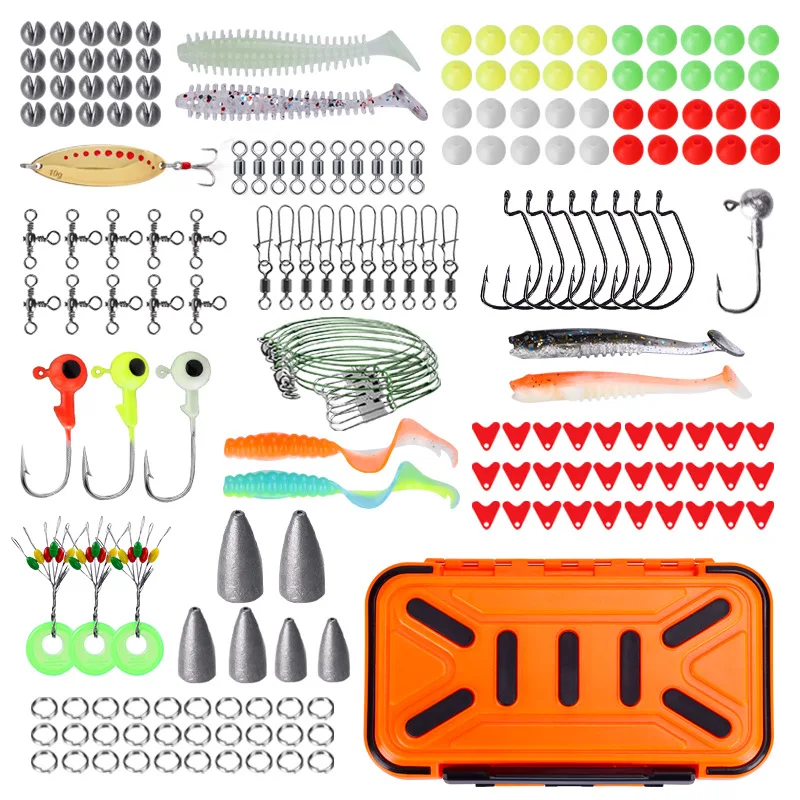 

195 шт., комплект рыболовных принадлежностей с рыболовными крючками, грузила, соединителем, вертлюжками, инструментами для приманок, набор аксессуаров с коробкой для снастей