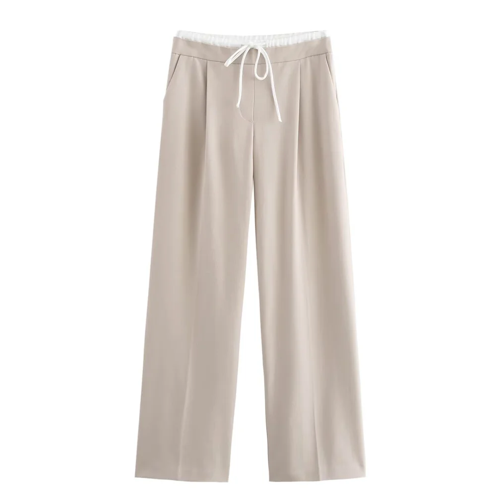 Outono novo produto feminino rendas até dobrado cintura alta tubo reto emenda dupla camada cintura calças largas perna