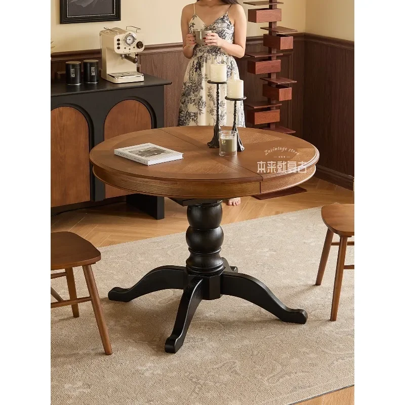 Retro/medieval solid wood retractable round table, dining table household small apartment French folding round dining table