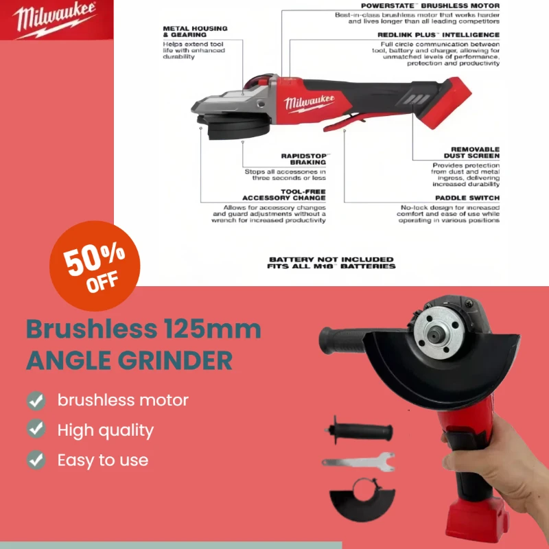 

Milwaukee 125 мм тормозная бесщеточная угловая шлифовальная машина электрическая аккумуляторная полировальная режущая машина без блокировки лопастной переключатель электроинструменты