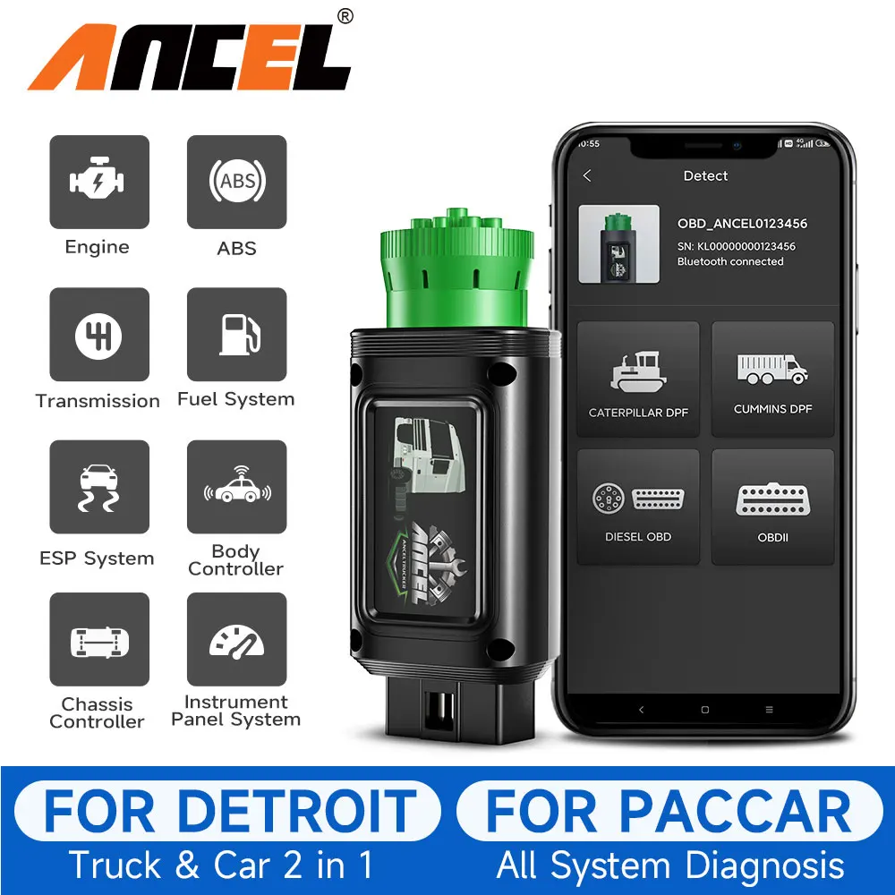 Ancel HD110 Diesel HD OBD Truck Scanner OBD2 DPF Regen for Detroit Paccar Engine