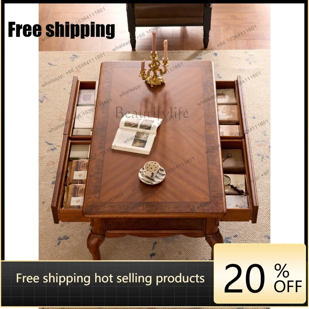 LD American solid wood coffee table living room home retro carving, rectangular tea table