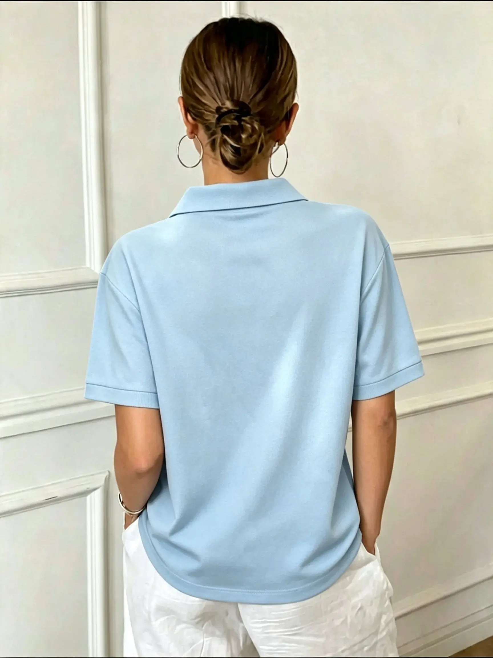 Women's Solid Color Polo Shirt for Summer Casual Stylish and Versatile Street Style Suitable for Any Occasion.