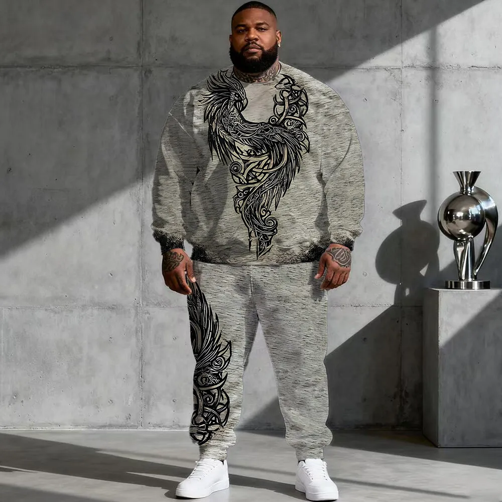 

S-9xl plus size Big & Tall Hoodie Set with Ethnic Vibe - 2-Piece Trendy-Folk, Breathable Material, Retro Tribal Designs