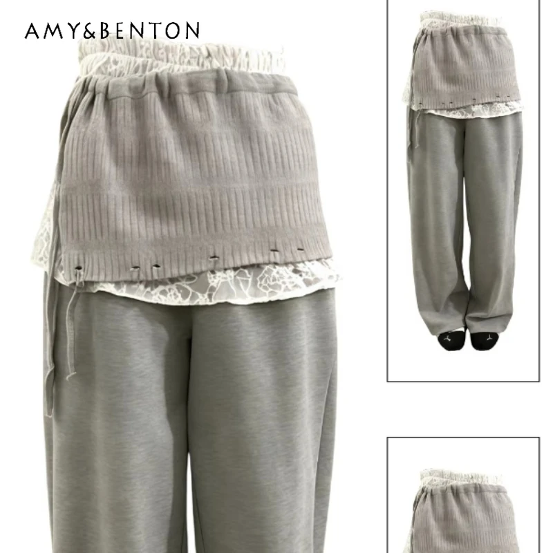 

Американские ретро-брюки-юбки с кружевными вставками для женщин, повседневные, весна-осень 2026, новый модный дизайн, свободные брюки для дам