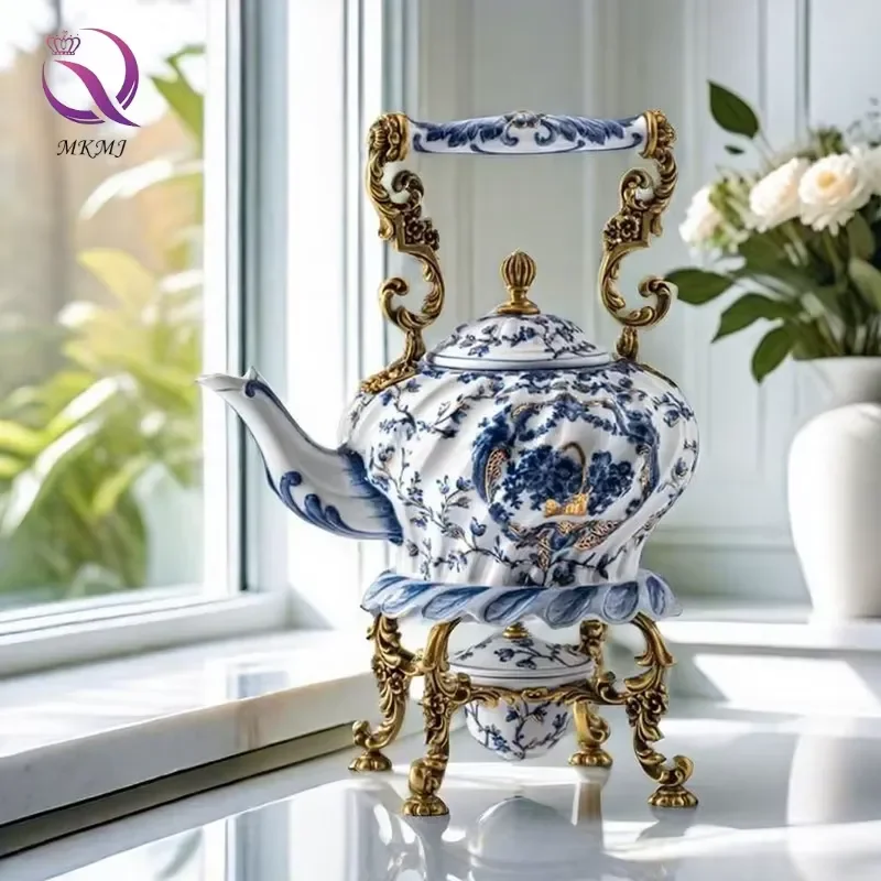 European Afternoon Brass Home Decor Retro Blue and White Porcelain Decorative Teapot Home Decoration Accessories