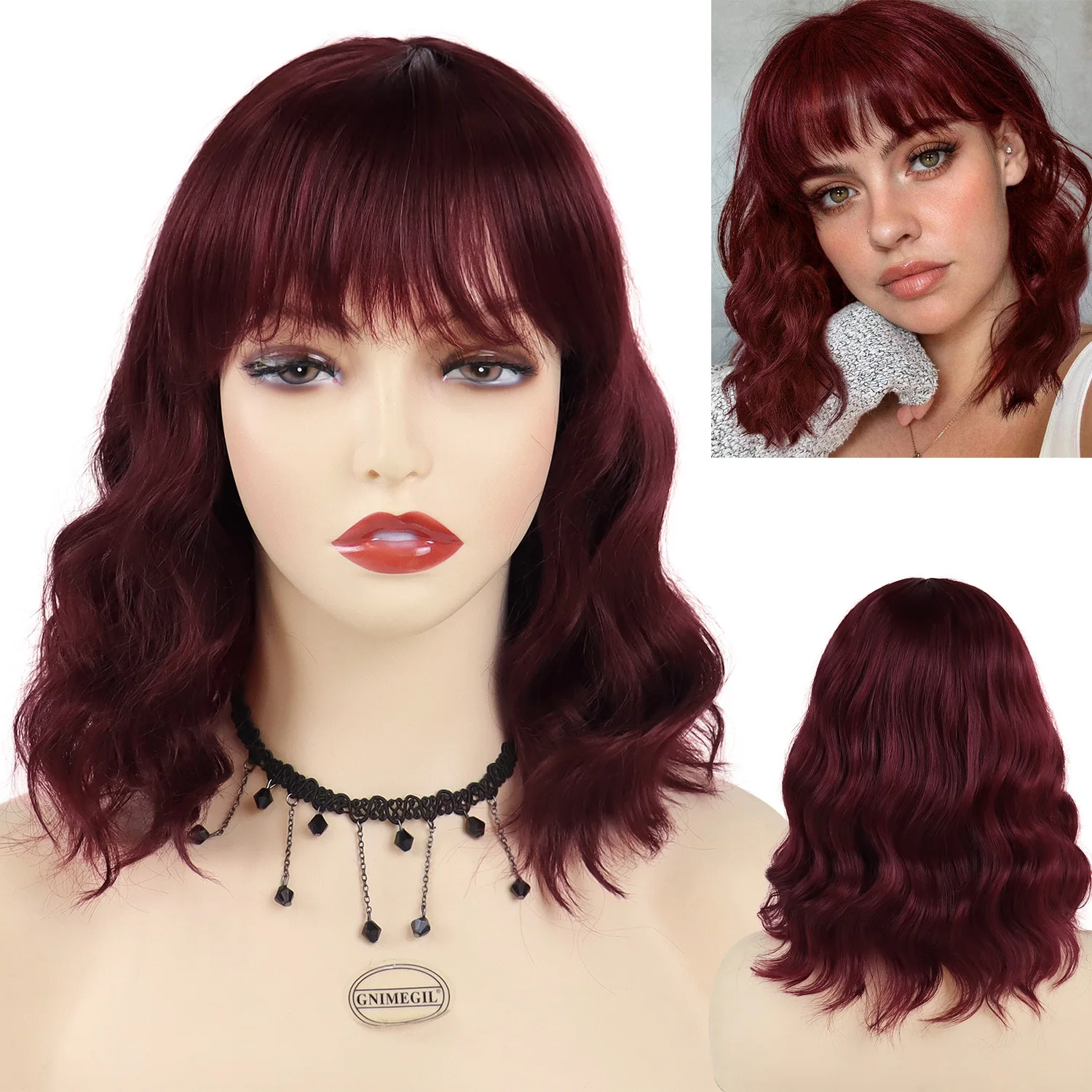 

Парики из синтетических волос винно-красного цвета для женщин и девочек, парик красного цвета, короткий волнистый вьющийся парик с челкой, костюм для косплея на Хэллоуин, вечерние