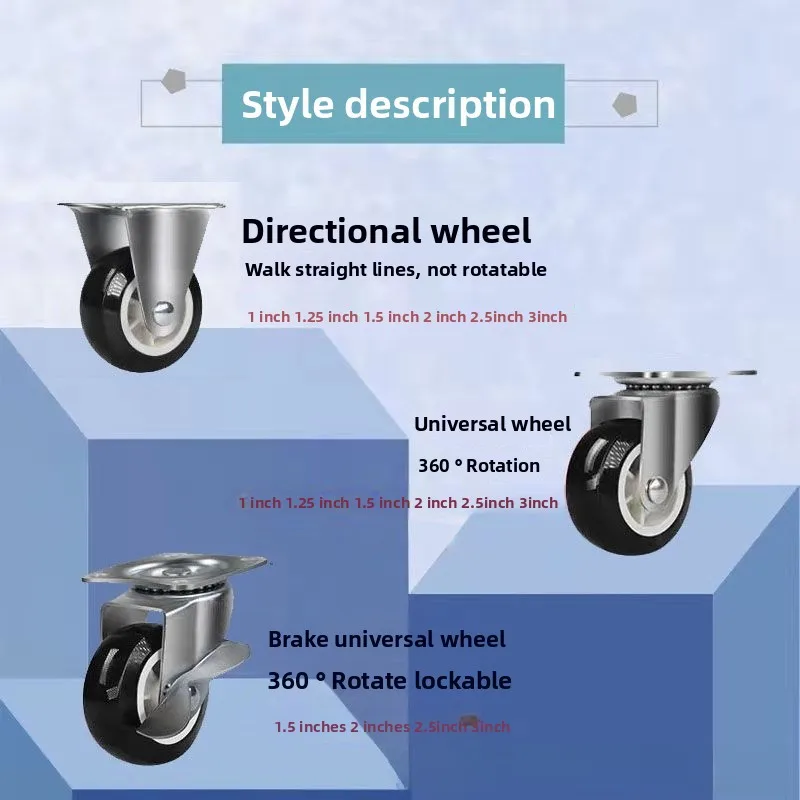 4PCS Rodas Giratórias Silenciosas 1-3 polegadas Rodízio Universal para Móveis Roda de Borracha Macia Universal para Móveis com Freio