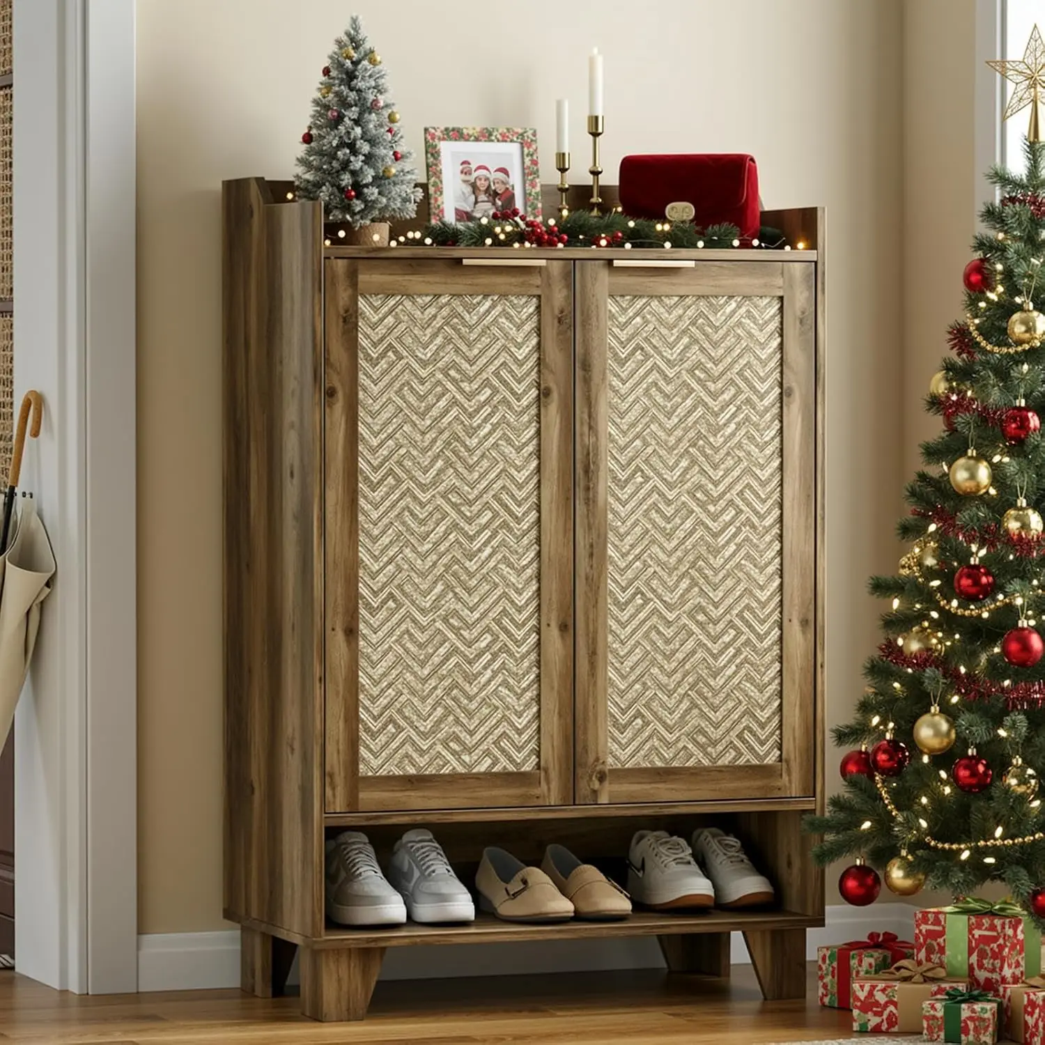 24 Pair Shoe Cabinet 6-Tier Wooden Storage Organizer with Doors Adjustable Shelves Entryway Hallway Front Door Brown, Customized