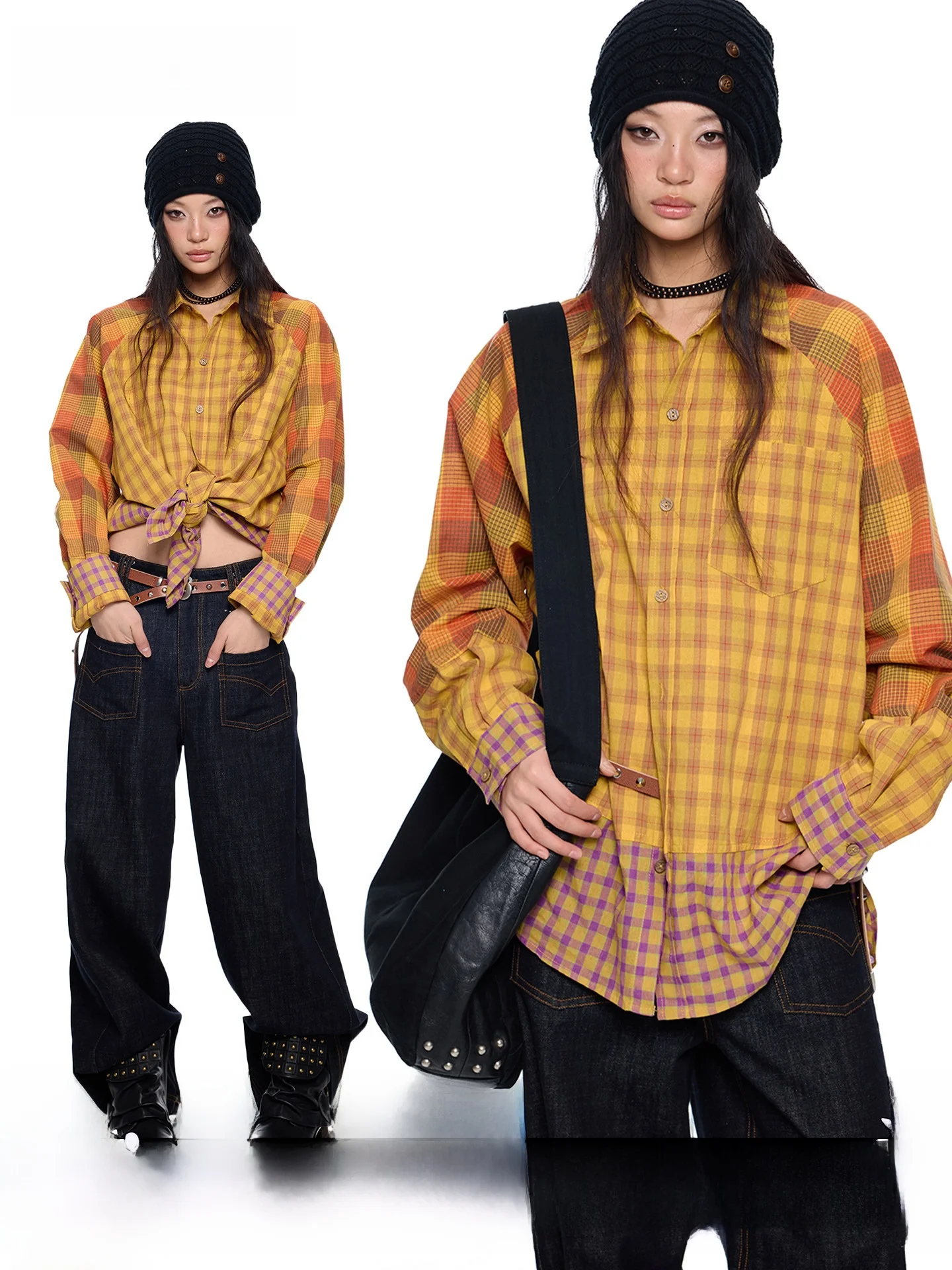 

EZEK Dopaamine Power Style Plaid Loose Women's Shirt Design Sensation Outerwear Trendy Button up Cotton Blend Long Sleeve