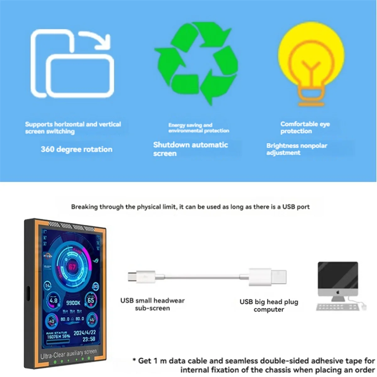 AT87-3.5-Inch IPS TYPE-C Secondary Screen Computer Secondary Screen Monitor for Computer CPU GPU RAM HDD No Use AIDA64 B