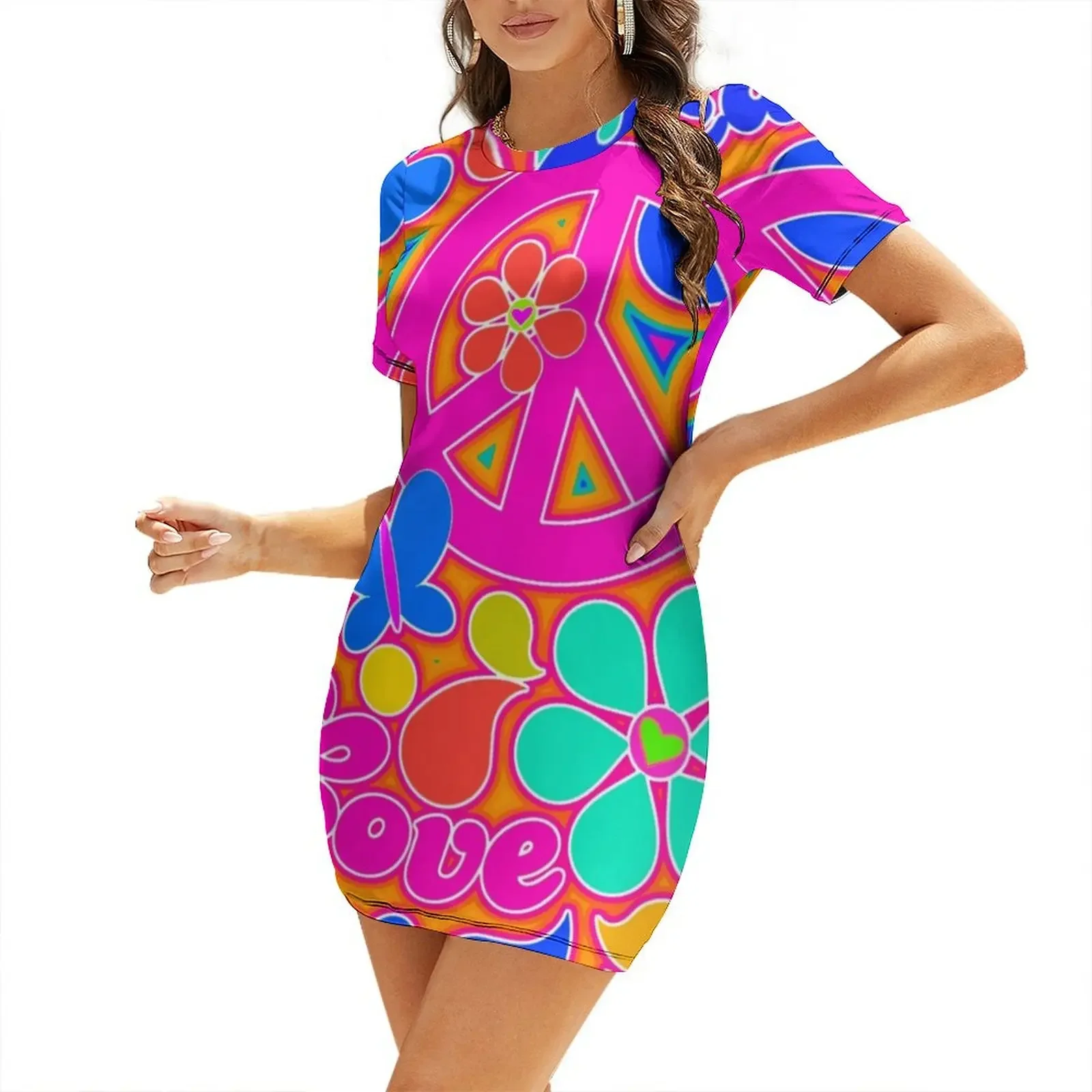 Bright Pop Art Colorful Peace and Love Flower Power Art Short-Sleeved Dress Long dress Dress