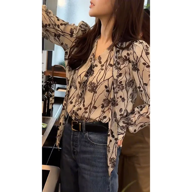 

Elegant Ribbon Floral Blouse Women Loose Long Sleeve Romantic French Style Top