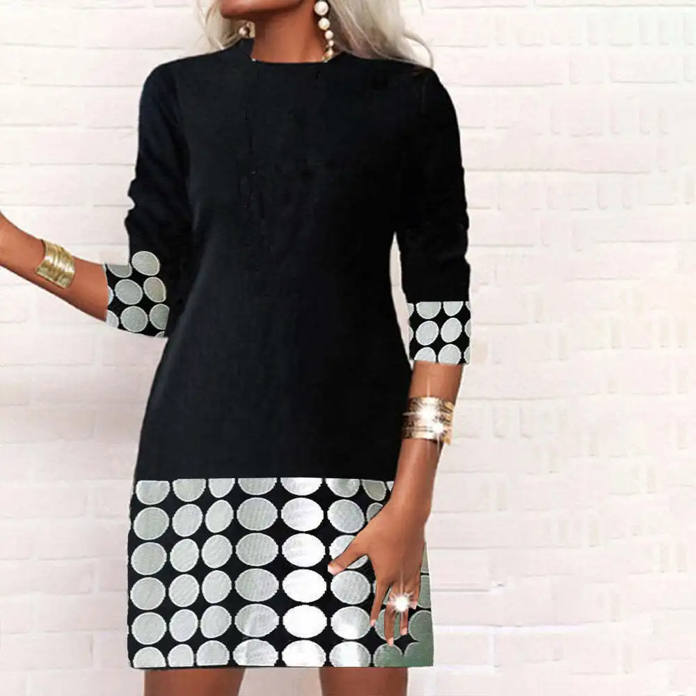 

2025 Autumn and Winter Women's Dress O-neck Spliced Slim Long Sleeve Print Office Long Sleeve Mini Dresses