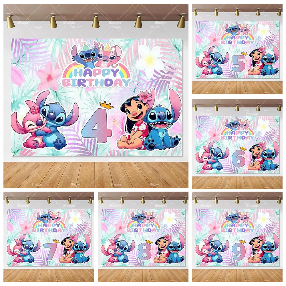 

Cartoon Lilo&Stitch Backdrop Children's Happy Birthday Party Decorations Baby Shower Name Year Customized Banner Background Prop