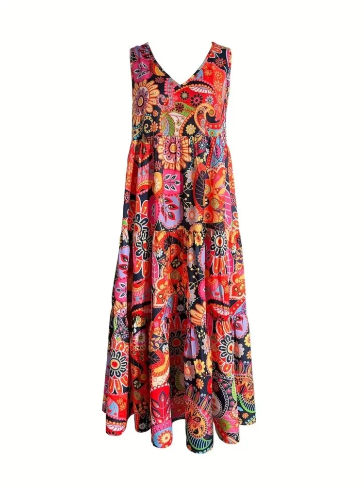 Summer Fashion New Floral Print  Maxi Dress For Women Casual V Neck Sleeveless Loose Dresse Femme Boho Holiday Womens Clothing