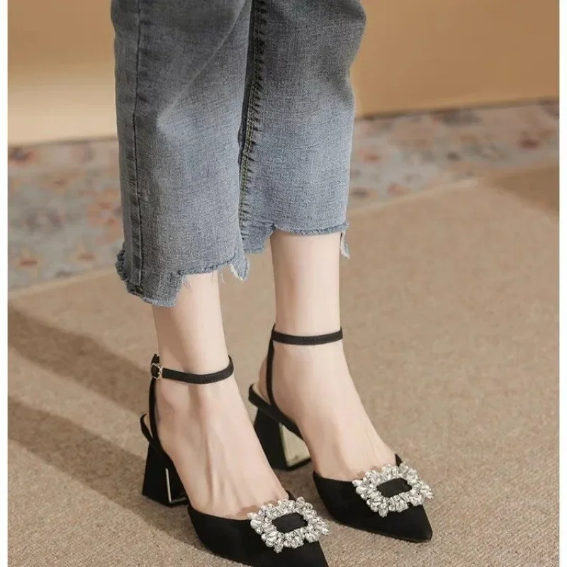 Ankle Strap Crystal Sandals for Women Pointed Toe High Heels Sandalias De Mujer Shiny Rhinestones Square Heeled Pumps