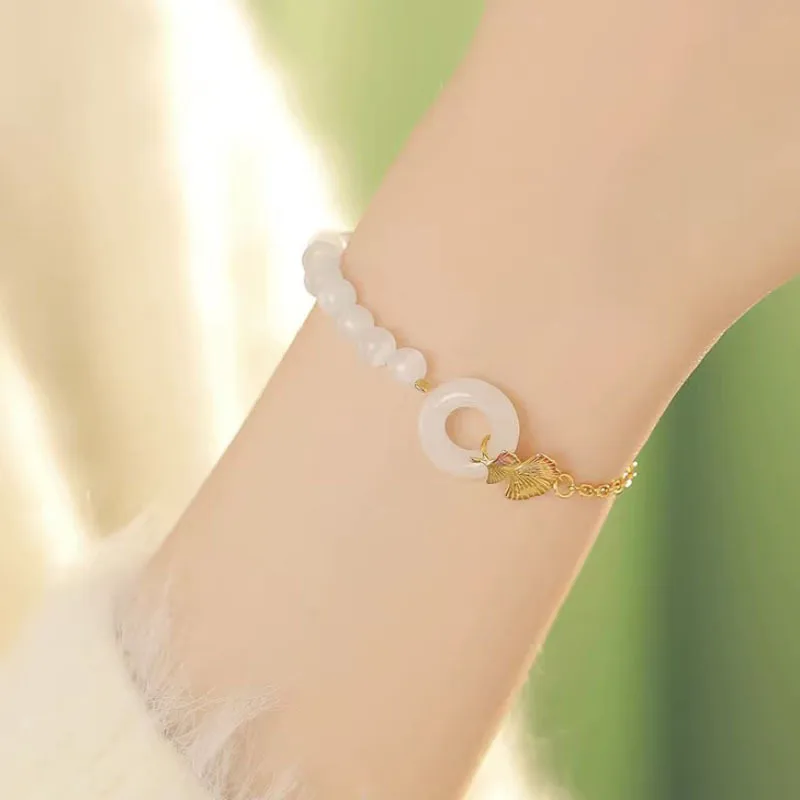 925 Sterling Silver Bracelet White Jade Golden Gingko Leaf Geometric For Woman Girl Fashion Jewelry Gift Dropship Wholesale