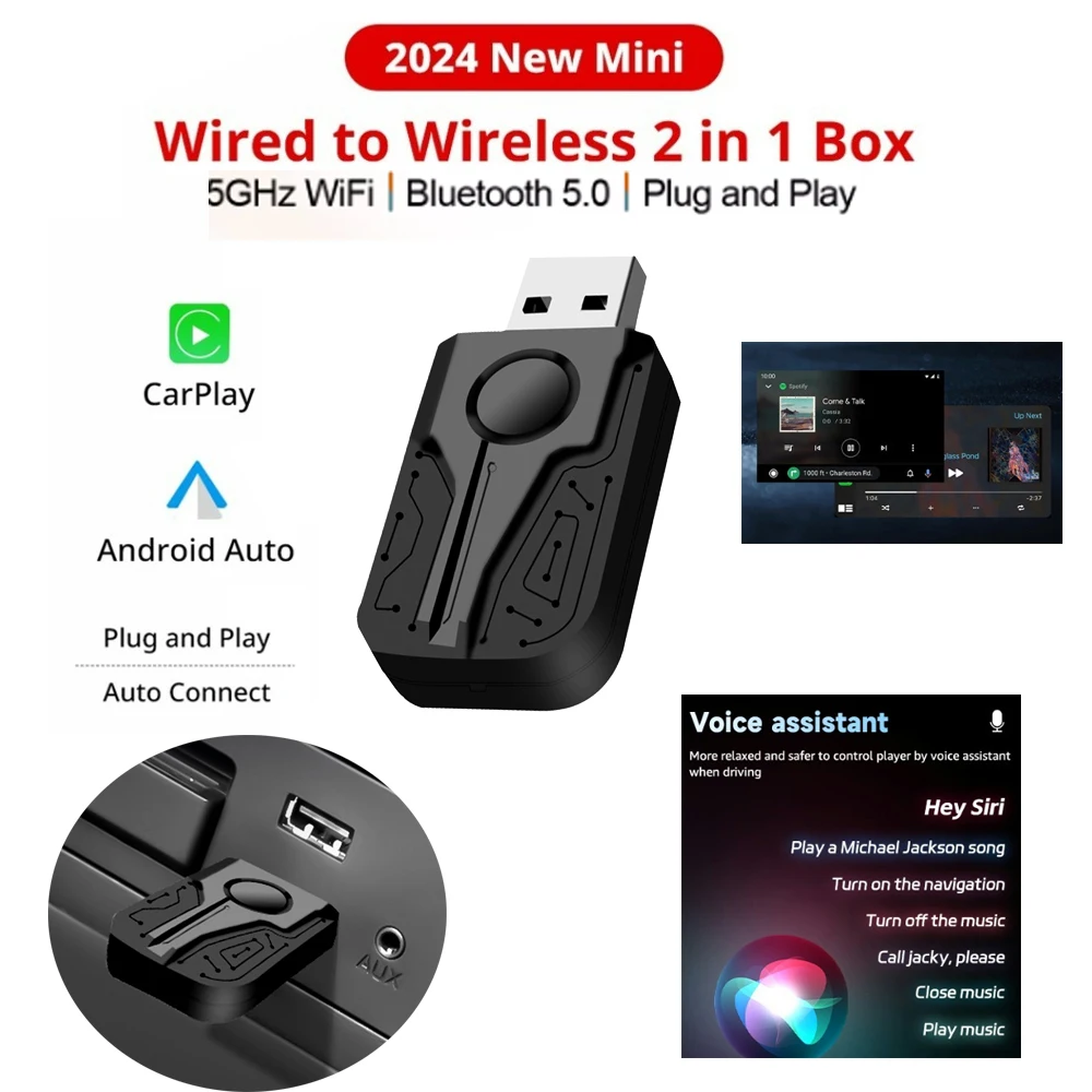 

2 In1 Mini Wireless Carplay Adapter Android Auto Smart Box USB Dongle Plug and Play For Havel Kia Volvo Audi MG VW Hyundai Jeep