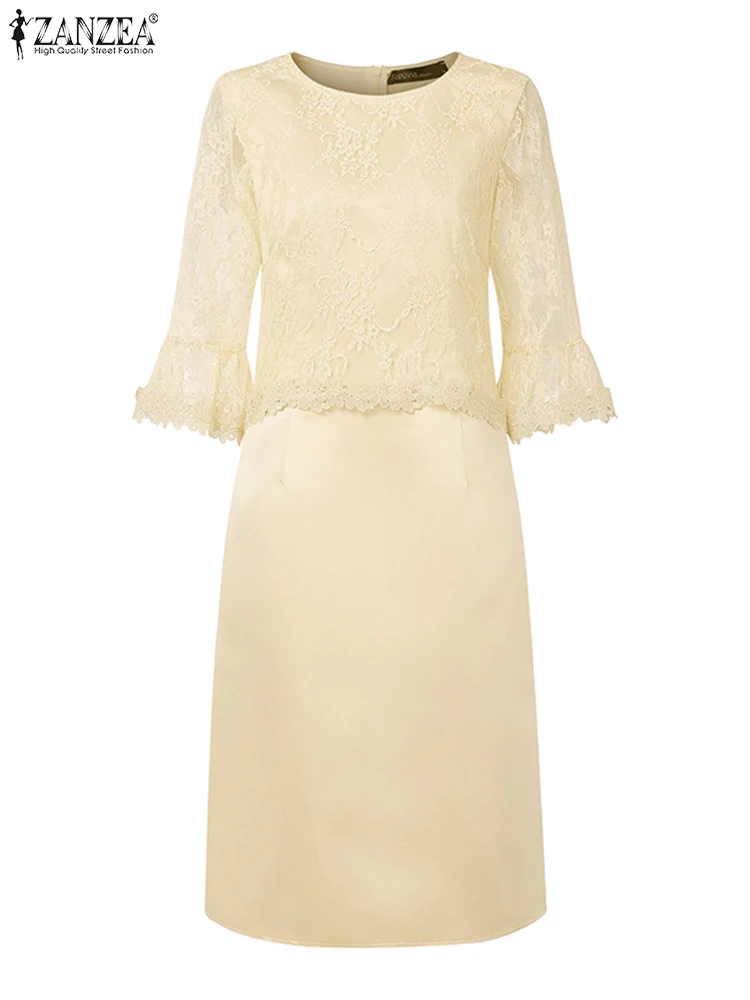 ZANZEA Elegant Women Office Lace Dress 2025 Summer Satin Knee-length Sundress Robe Casual 3/4 Sleeve Solid Party Vestidos Femme