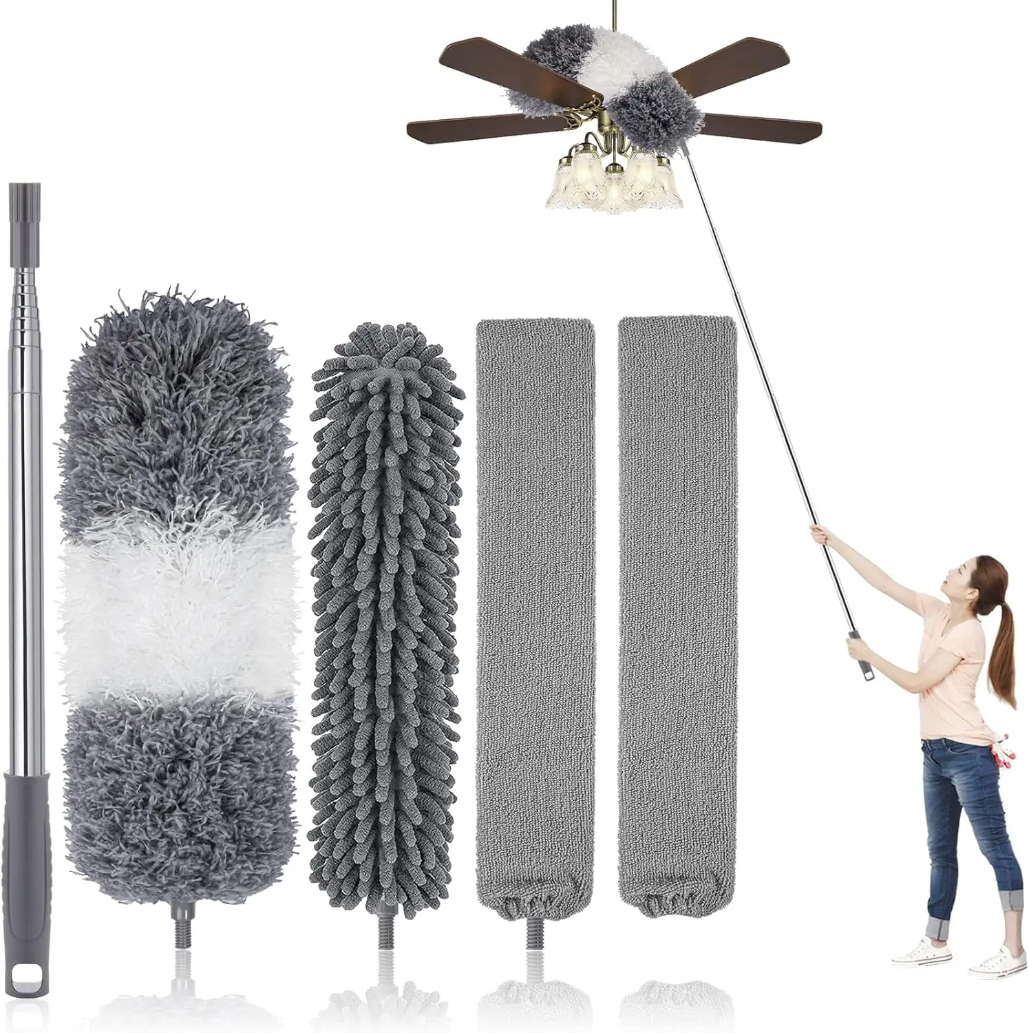 

Microfiber Feather Duster Kit with Extension Pole (30–100") – Bendable Washable Heads, Extendable Dusters for Cleaning Ceiling F