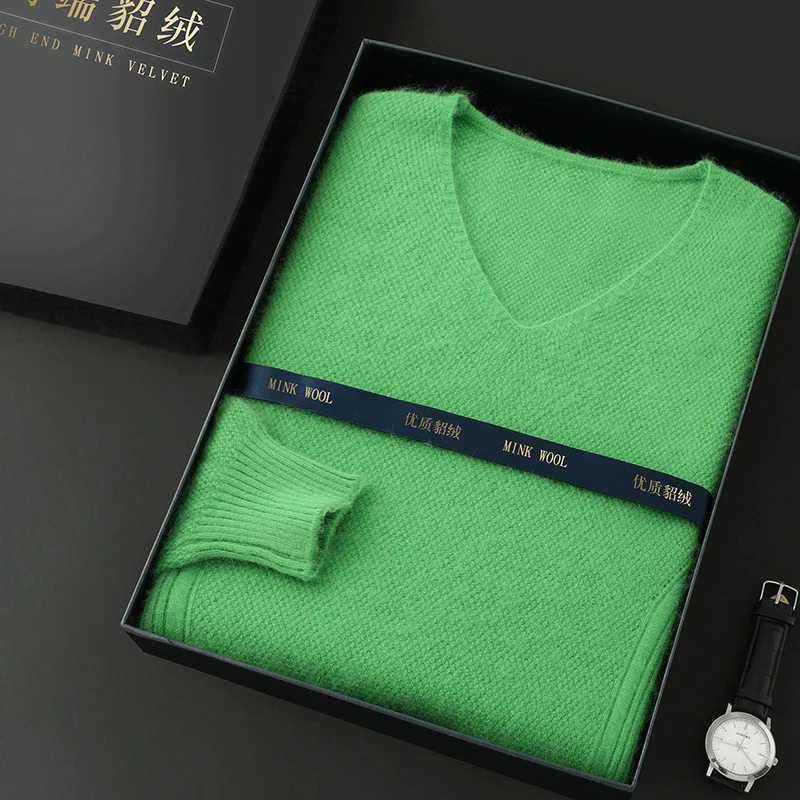 

100% Mink Cashmere Sweater Men'sV-Neck Pullover Knit Sweater Honeycomb Cable Winter Warm Casual Slim Fit Men's Clothing Top