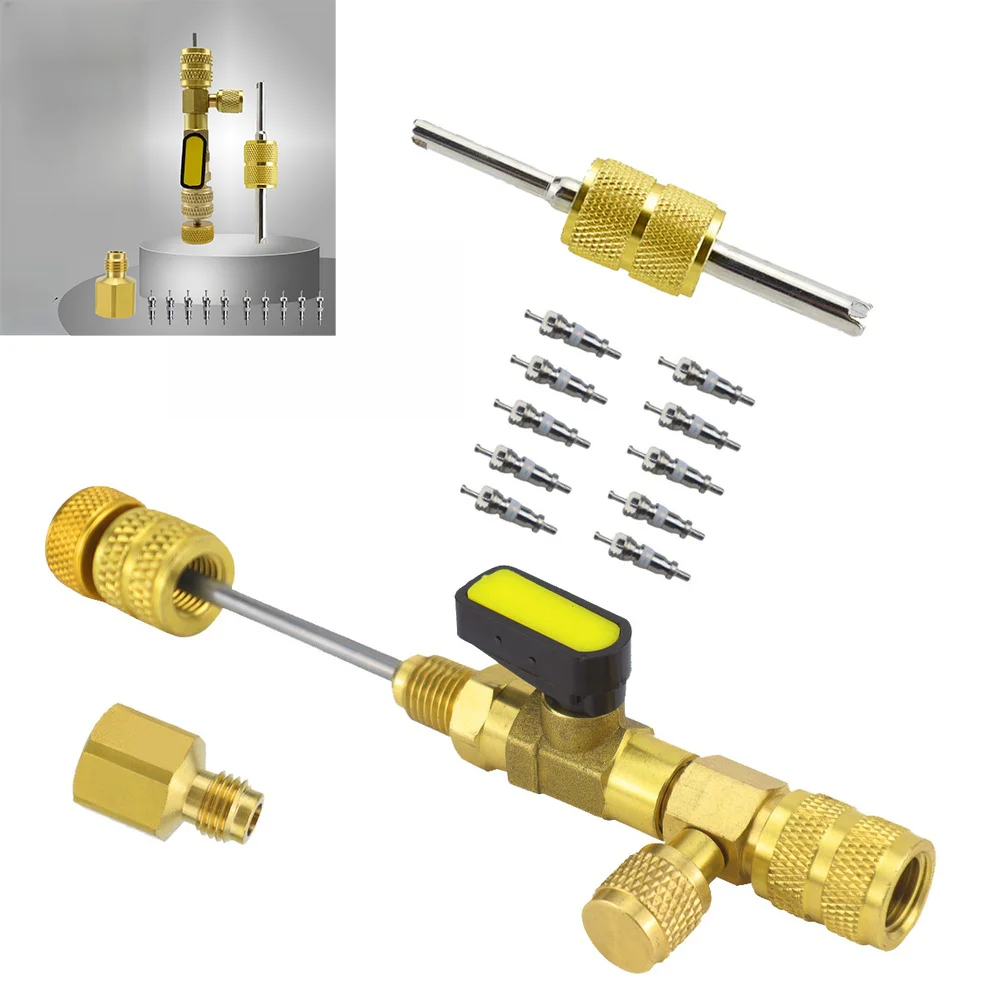 

AC System Valve Core Remover with 1 4 5 16 SAE Compatibility for R410A R22 R32 R12 R407 Includes Brass Adapter Solid Build