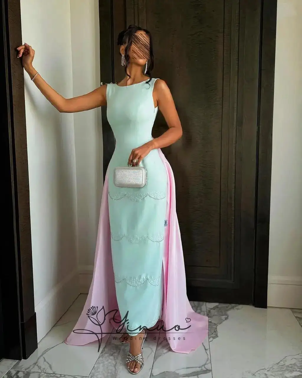 

customized Dresses Pleated O-Neck Pearls Evening Gowns Front Split Floor Length Wedding Party Dresses