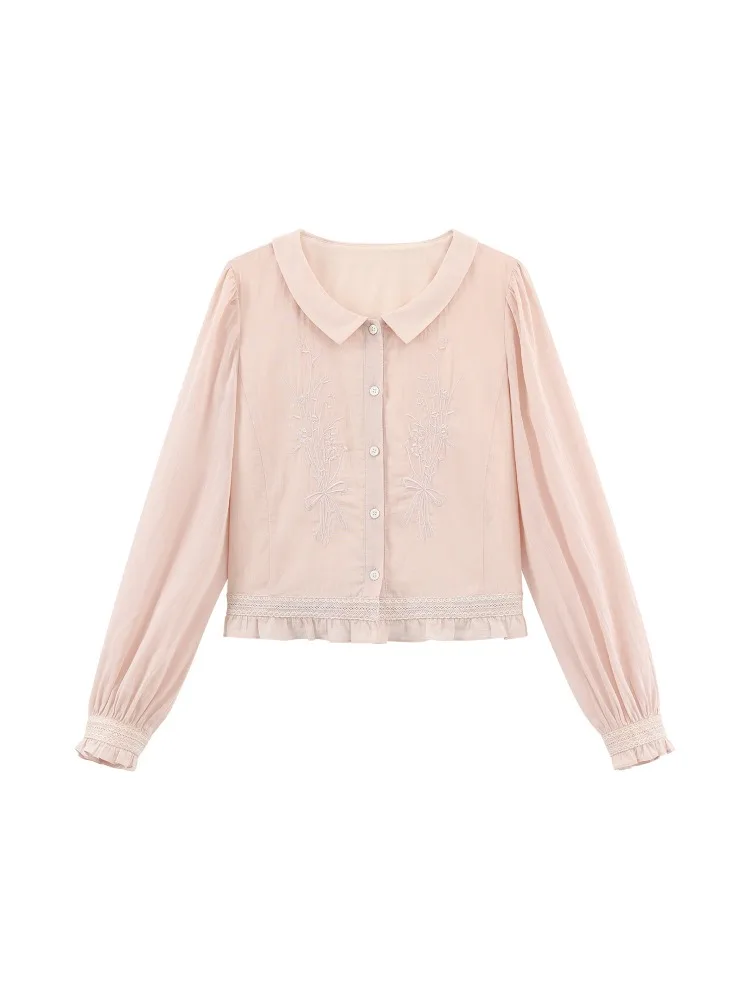 Franse geborduurde blouse voor dames herfst shirt met lange mouwen zoete ruches top elegante button-down casual outfit dagelijks gebruik