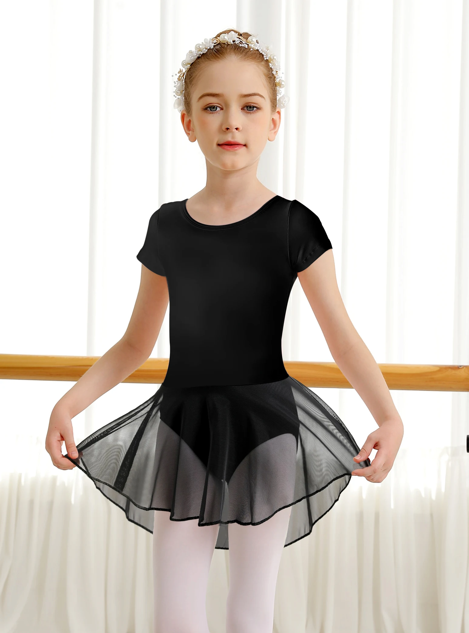 Body per balletto per ragazze per danza manica corta Water-drop Hollow Back Mesh gonna body da ballo (bambino/bambina/ragazza grande)