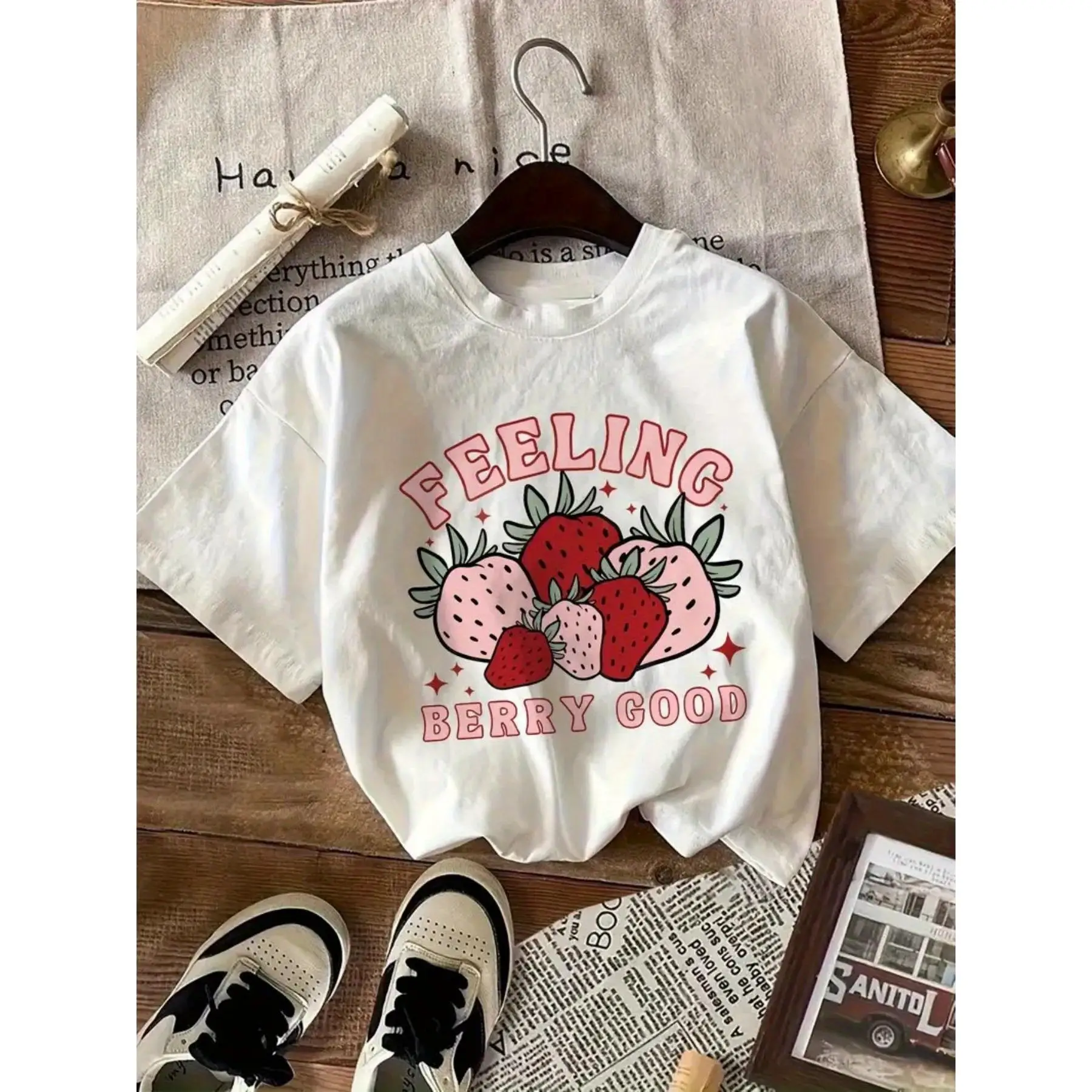

Feeling Berry Good T-shirt for Women Strawberry Graphic Tee Funny Slogan Top Cute Fruit Print