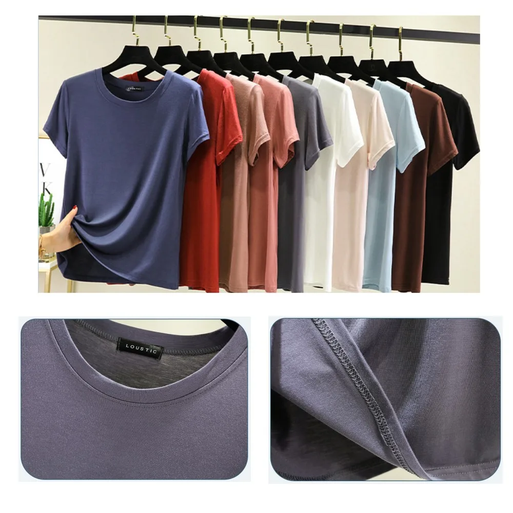 Modal O-Neck T-shirt Short sleeves Lady Summer Casual Basic Tshirt Solid color Loose Tee Tops bottoming tees