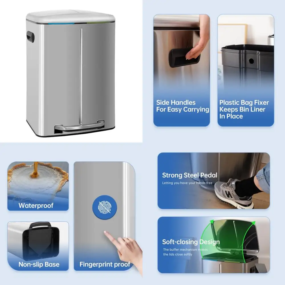 

Fingerprint-Resistant Stainless Steel 10 Gallon Kitchen Trash Can with Removable Bucket and Hinged Lid for Easy Pedal Operation