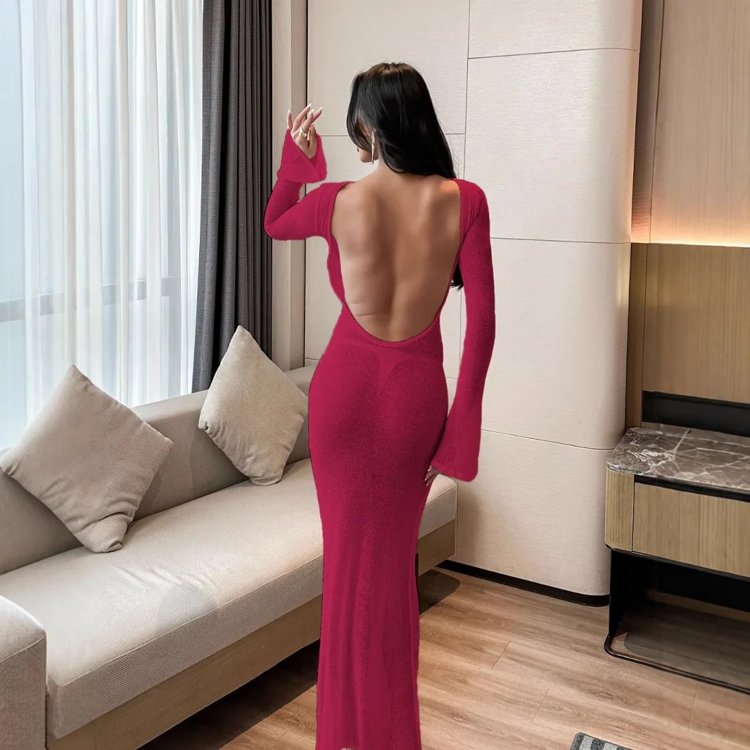 2025 New Beach Sunscreen Cover Up Long Sleeve Backless Slim Fit Dress Women Summer Solid Color Multi Size Options