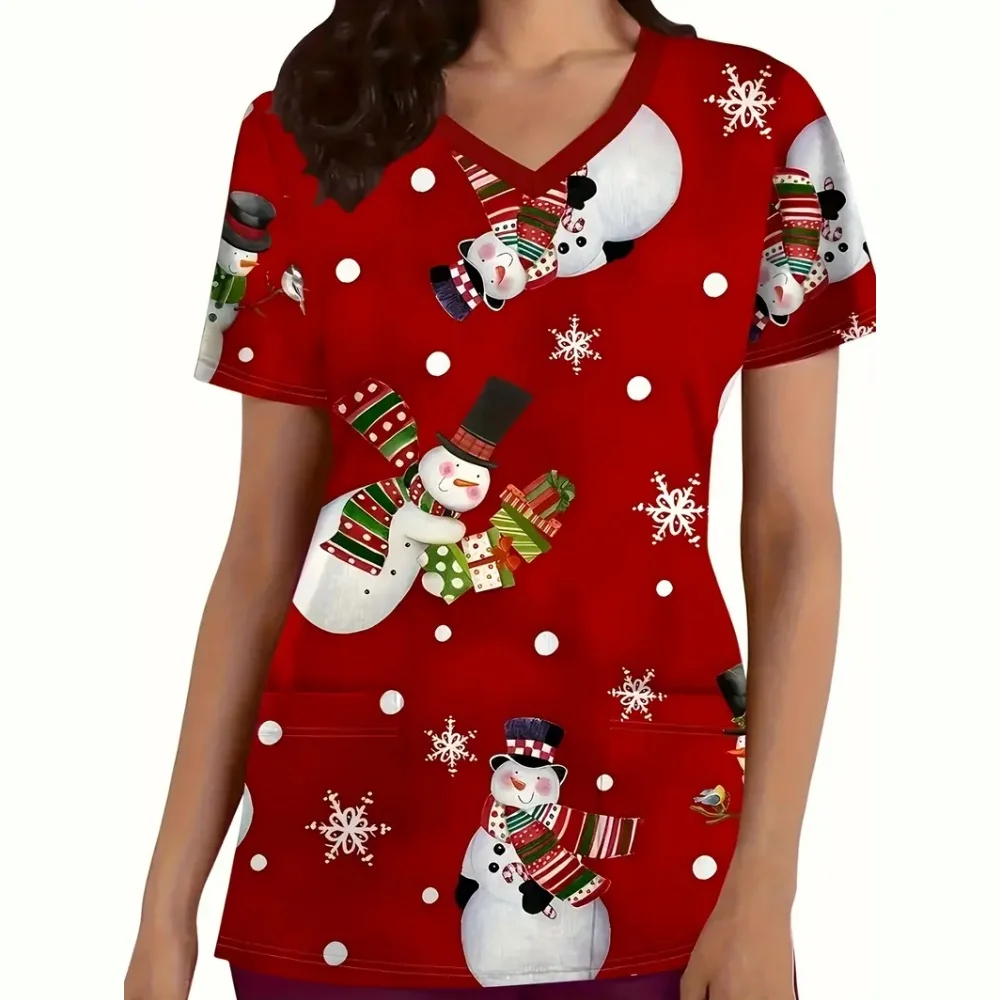 Scrub Donna Medica Estate Natale Pupazzo di neve Stampa Scollo a V Maniche corte Carino Uniformi infermieristiche Top Dental Abbigliamento da infermiera per donna
