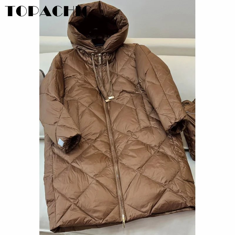 8.29 TOPACHIC-Women Goose Down Drawstring Hooded Keep Warm Outerwear Quilted Argyle Plaid Long Sleeve Loose Zipper Down Jacket