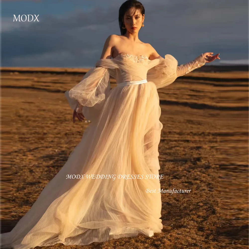MODX Elegant Puff Long Sleeves Wedding Dresses Sweetheart Soft Tulle Floor-Length Bridal Gowns Boho Robe de mariage Vestidos