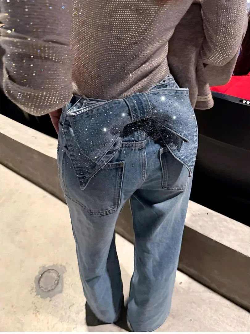

American Retro Detachable Knot Rhinestone Star Jeans Women's Spring Autumn Loose Pants High Waist Standard Fit