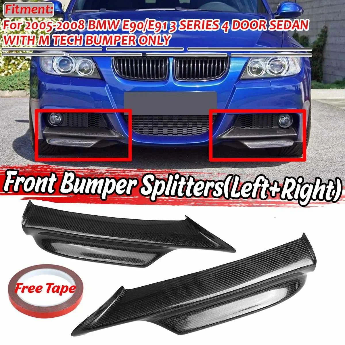 

2PCS Real Carbon Fiber E90 Car Front Bumper Splitter Lip Spoiler Diffuser Guard For BMW E90 E91 3 Series 2005-2008 4Dr M Tech