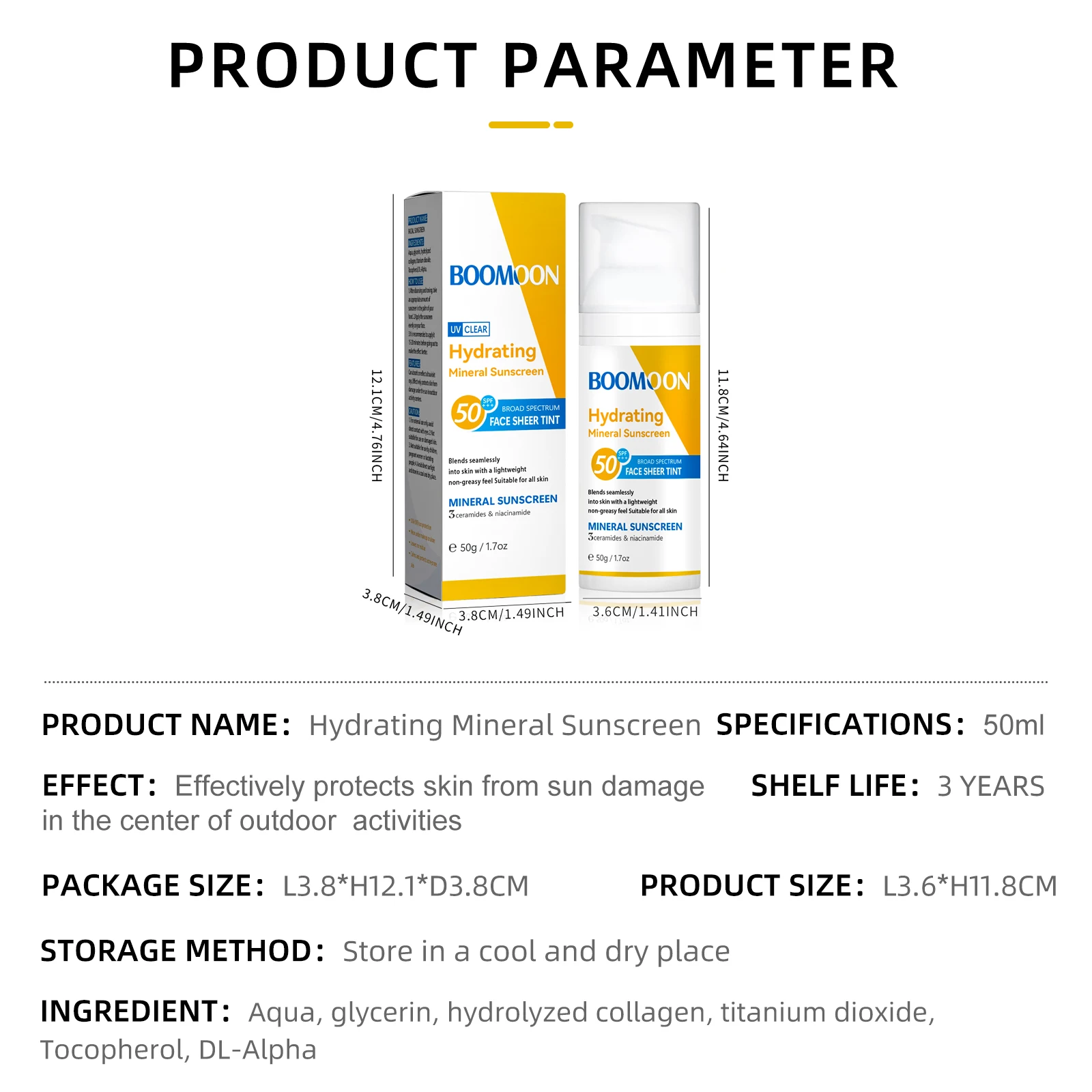 BOOMOON SPF50 PA+++ Protector solar mineral hidratante Cara Cuerpo Protección UV de amplio espectro No graso 50 g con niacinamida y ceramides
