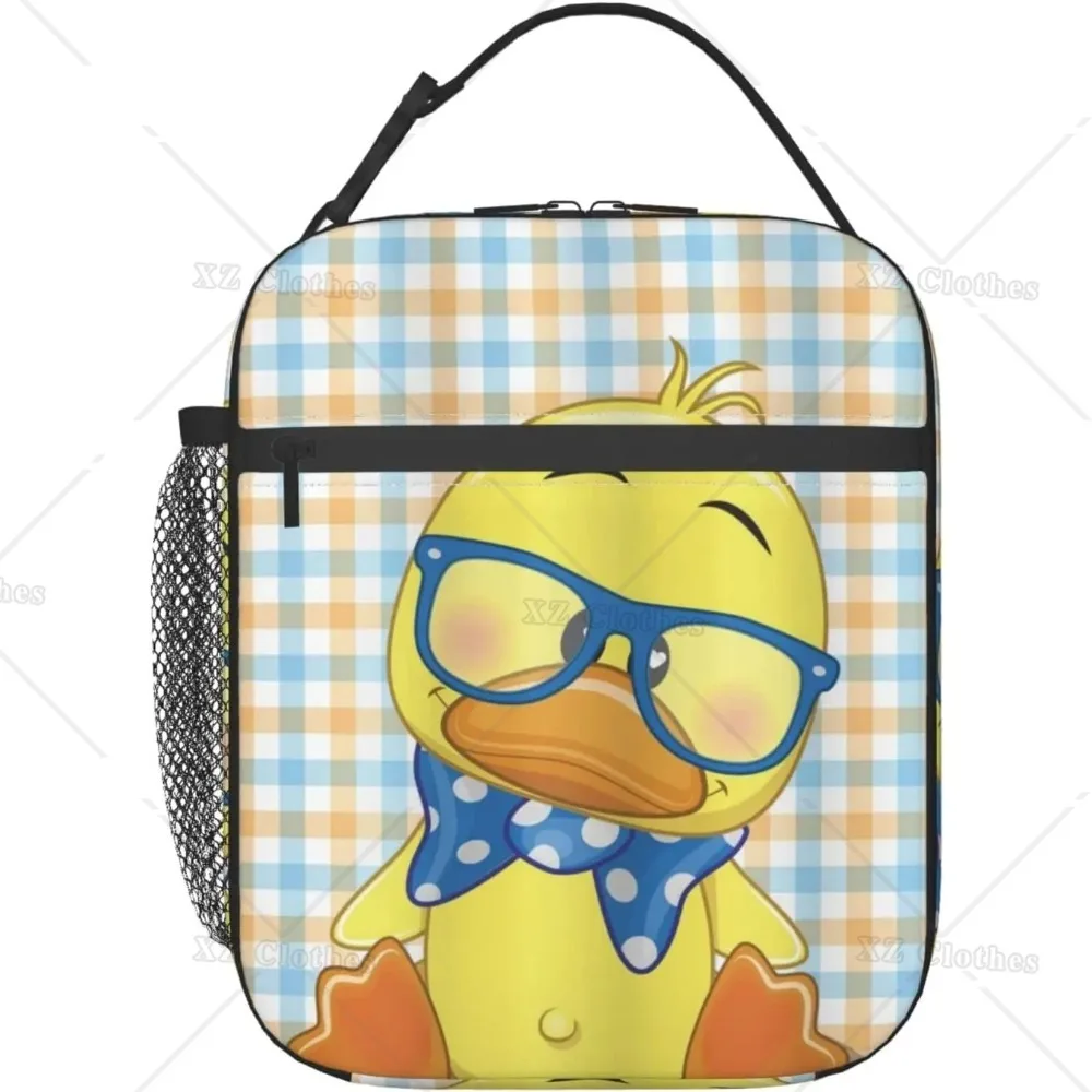 Saco de almoço impresso portátil dos desenhos animados, pequeno pato amarelo, caixa mais refrigerada com bolso, escritório, escola, piquenique, praia, crianças