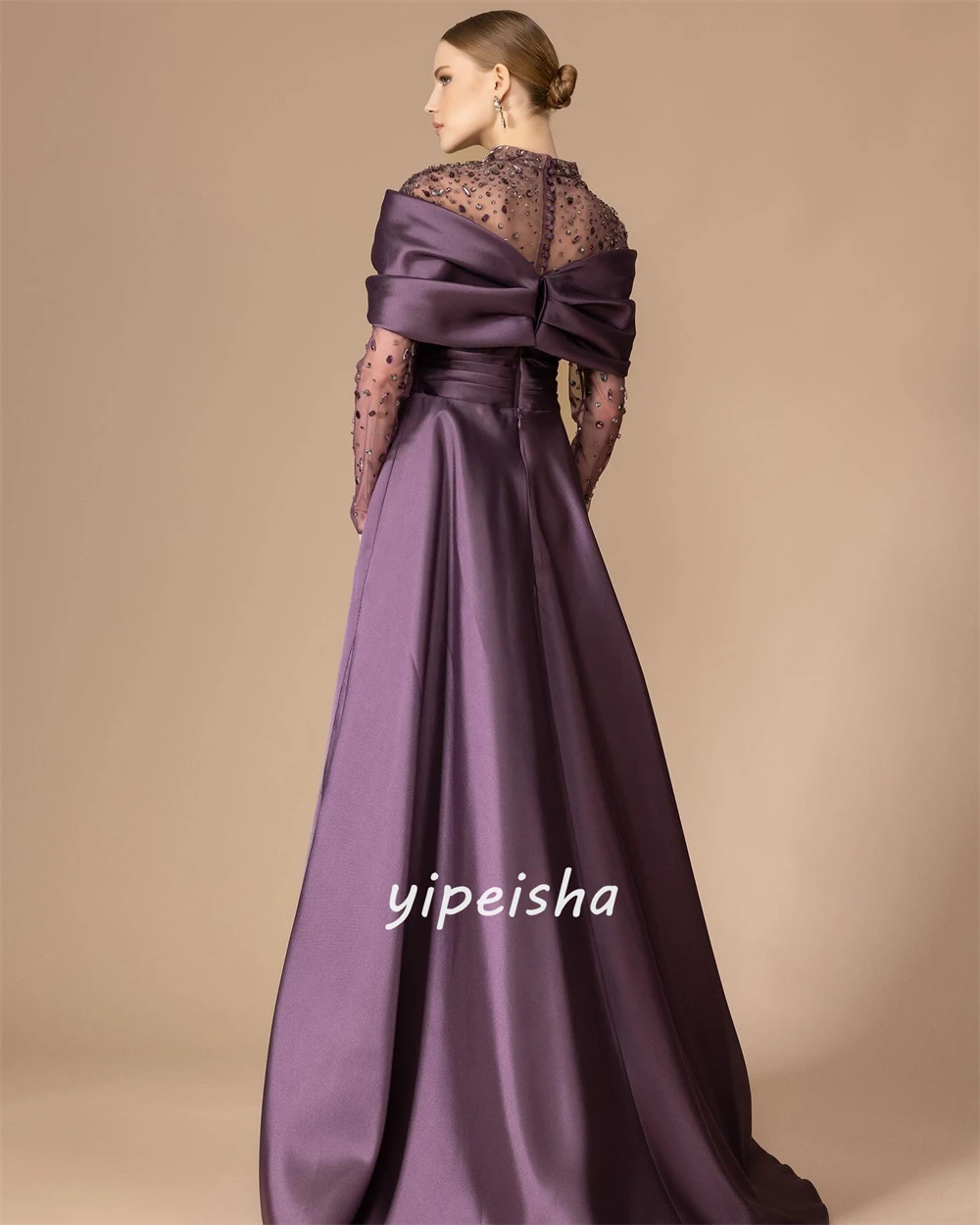 Customized  Evening Satin Rhinestone Draped Celebrity A-line High Collar Bespoke Occasion Gown Long Dresses