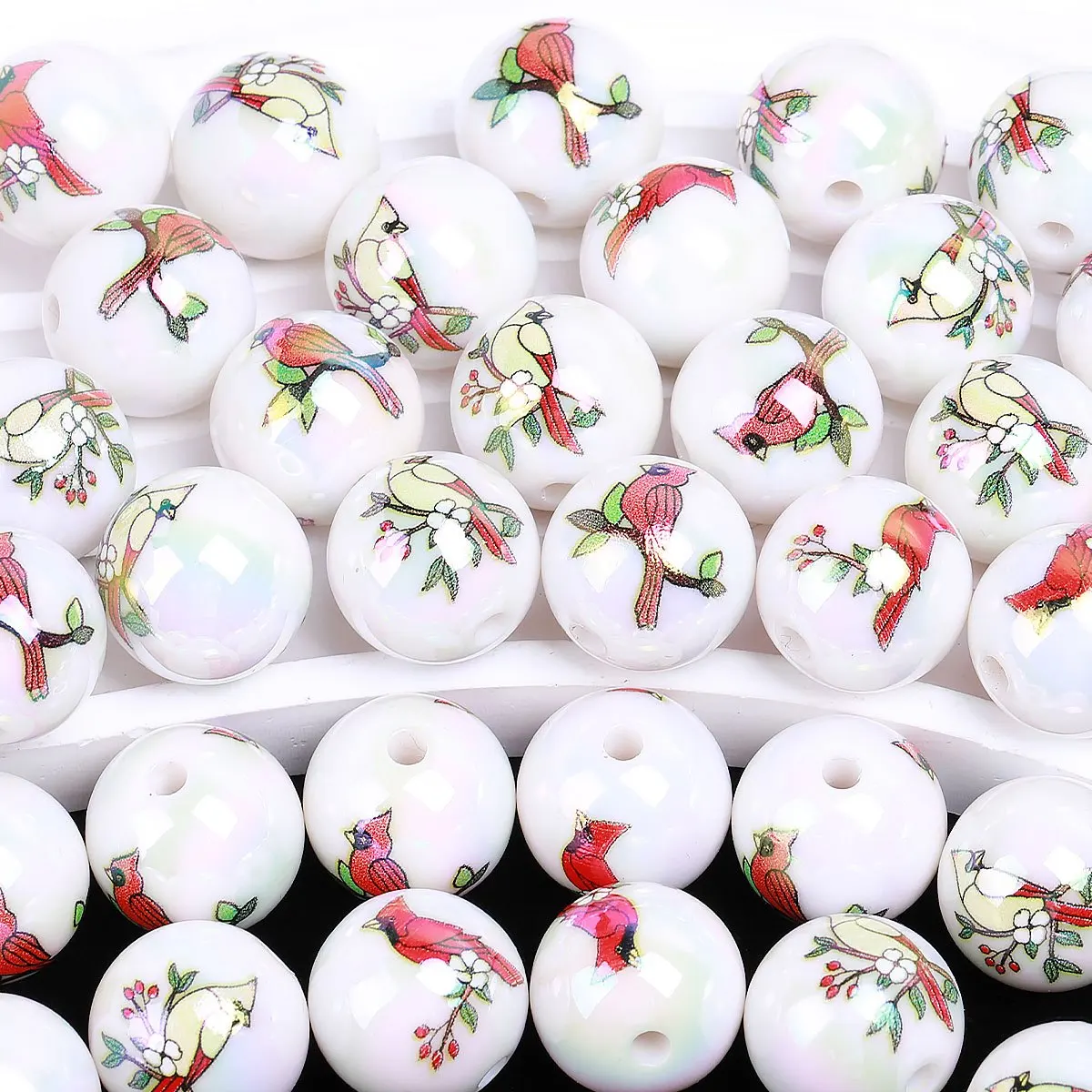 16/32pcs Random Pattern Cardinal Bird Printed Round Acrylic Beads 16mm Loose Spacer Beads For Bracelet Jewelry DIY Craft Making