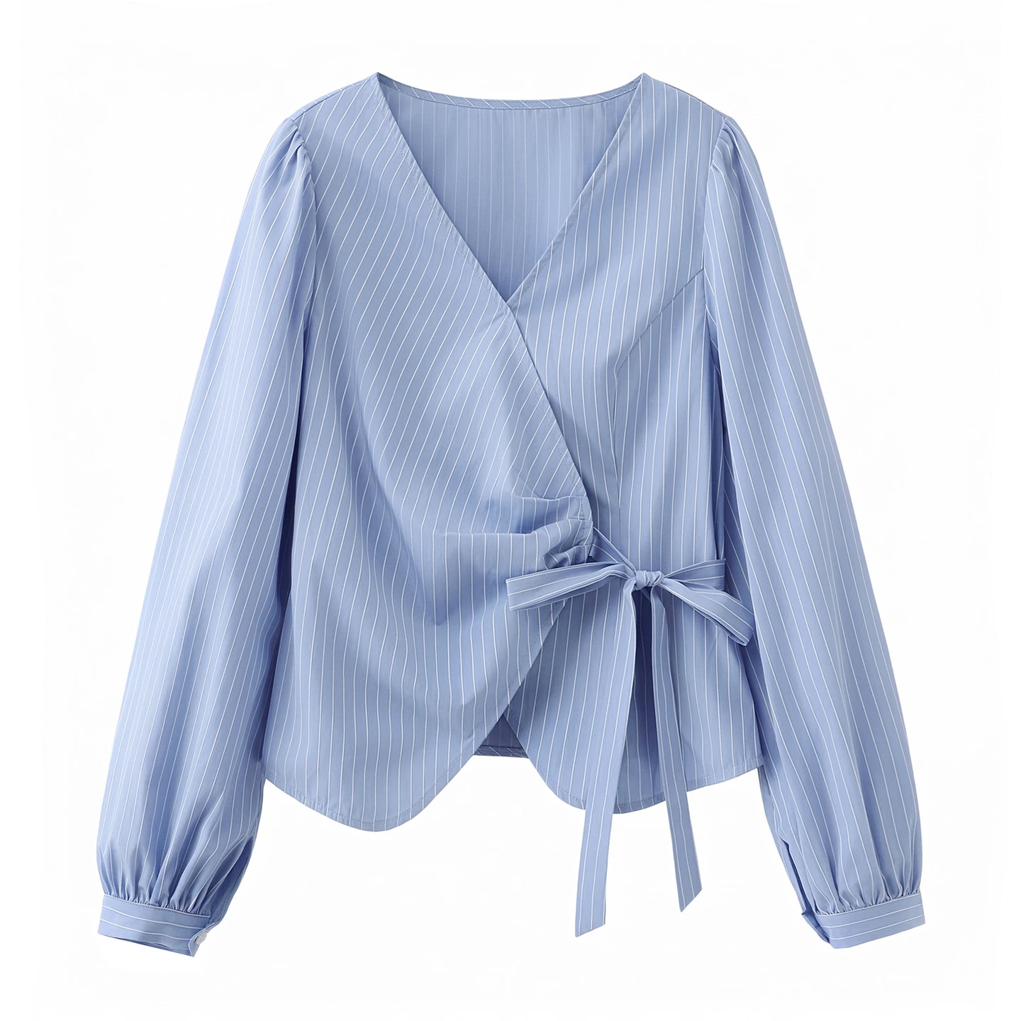

Spring 2026 Women's V-neck Striped Shirt Waist Cinching Long Sleeve Design Sense Folded Belted Tunic Top Casual Loose Fit