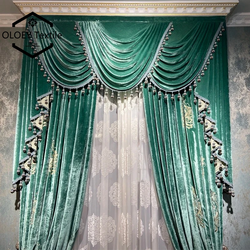 

Green Silk Velvet Embroidered Curtains for Living Room Bedroom High Window Villa Energy Saving Vintage Drapes Window Valance