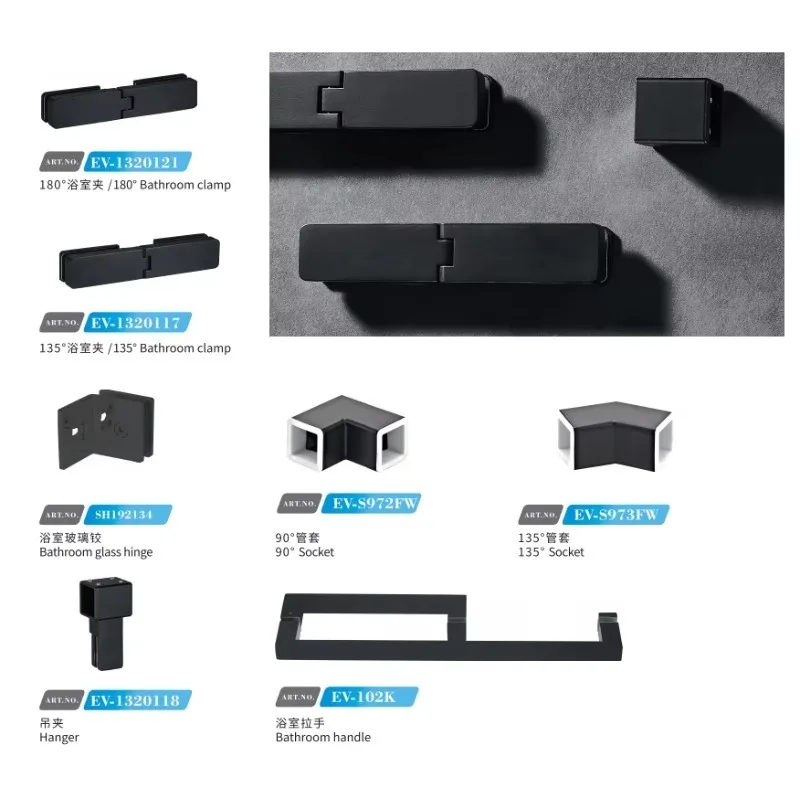 Waterproof Bathroom Tempered Glass Shower Enclosure Matte Black Stainless Steel Frameless Design Square Appearance Hinge Open