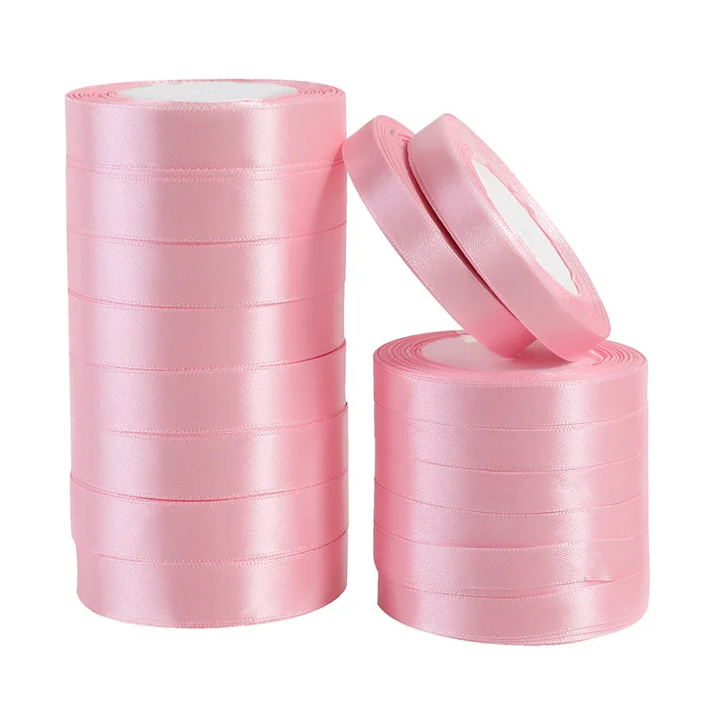 25 야드/롤 6mm ~ 50mm DIY 공예를위한 핑크 새틴 리본 활 수제 파티 웨딩 생일 선물 포장 의류 장식 리본