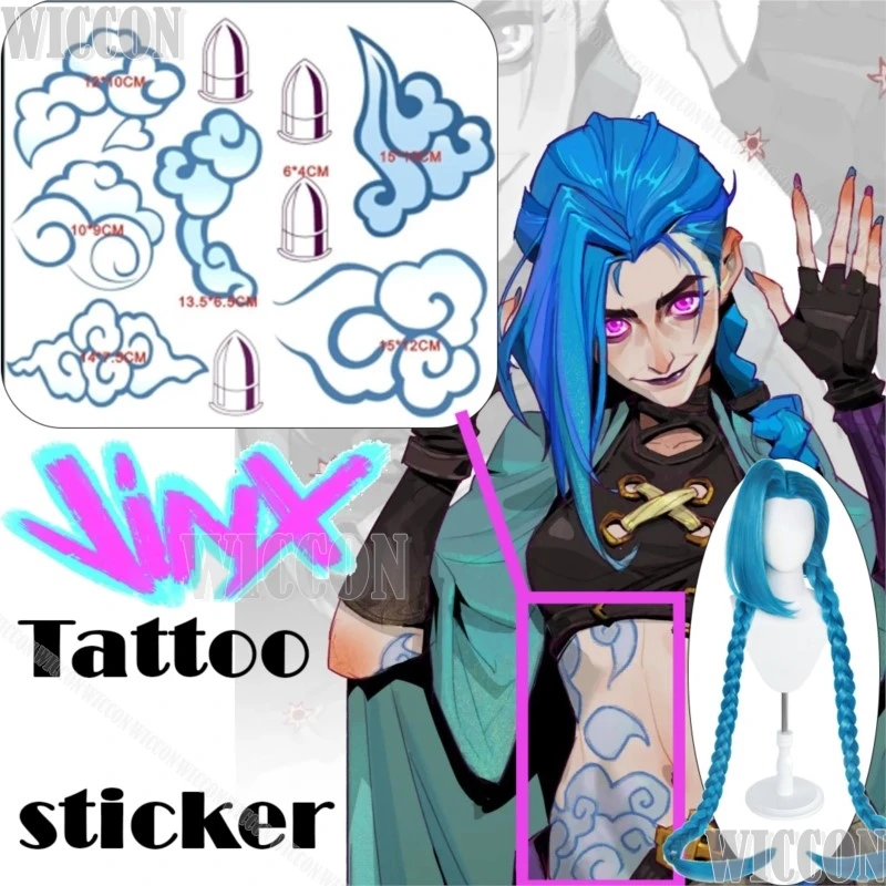 Jinx Cosplay Anime Arcane LOL League of Legends Prop Blue Long Wig Hairband Tattoo Stickers Women Holloween Roleplay Customized