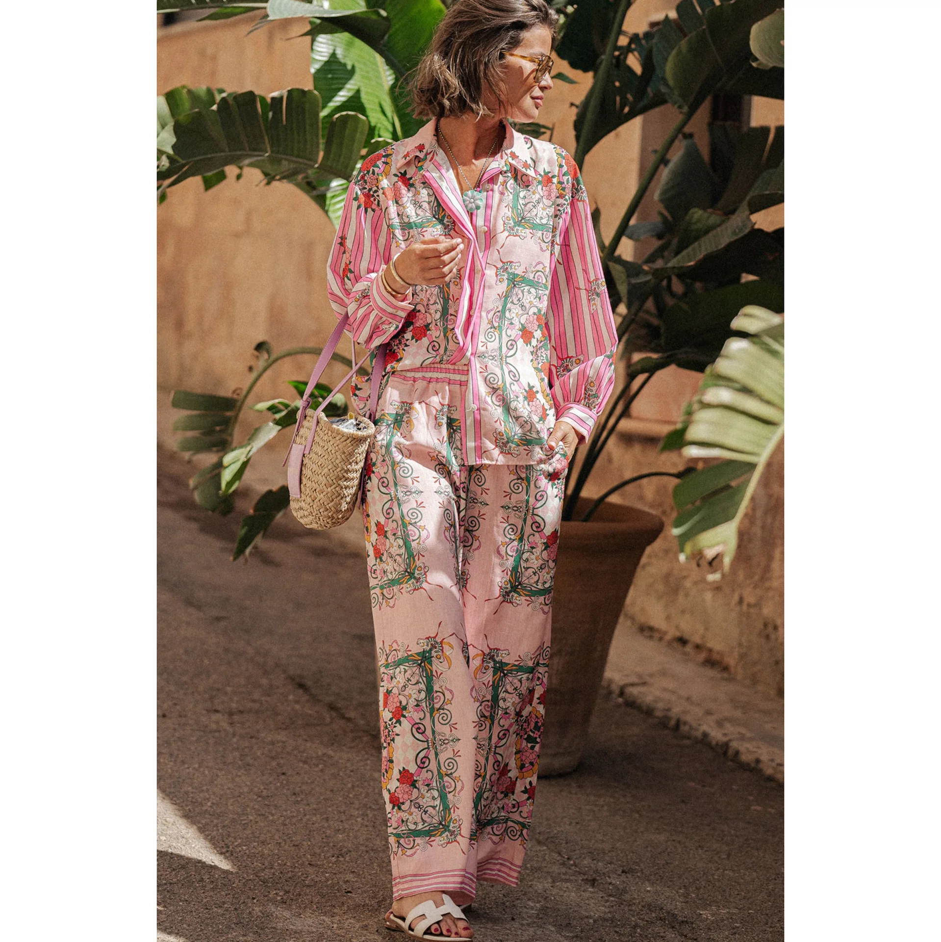 Print Wide Leg Pants Women Suits Retro Long Sleeve Lapel Button Female Pajama Style Sets 2024 New Summer Streetwear Lady Outfit