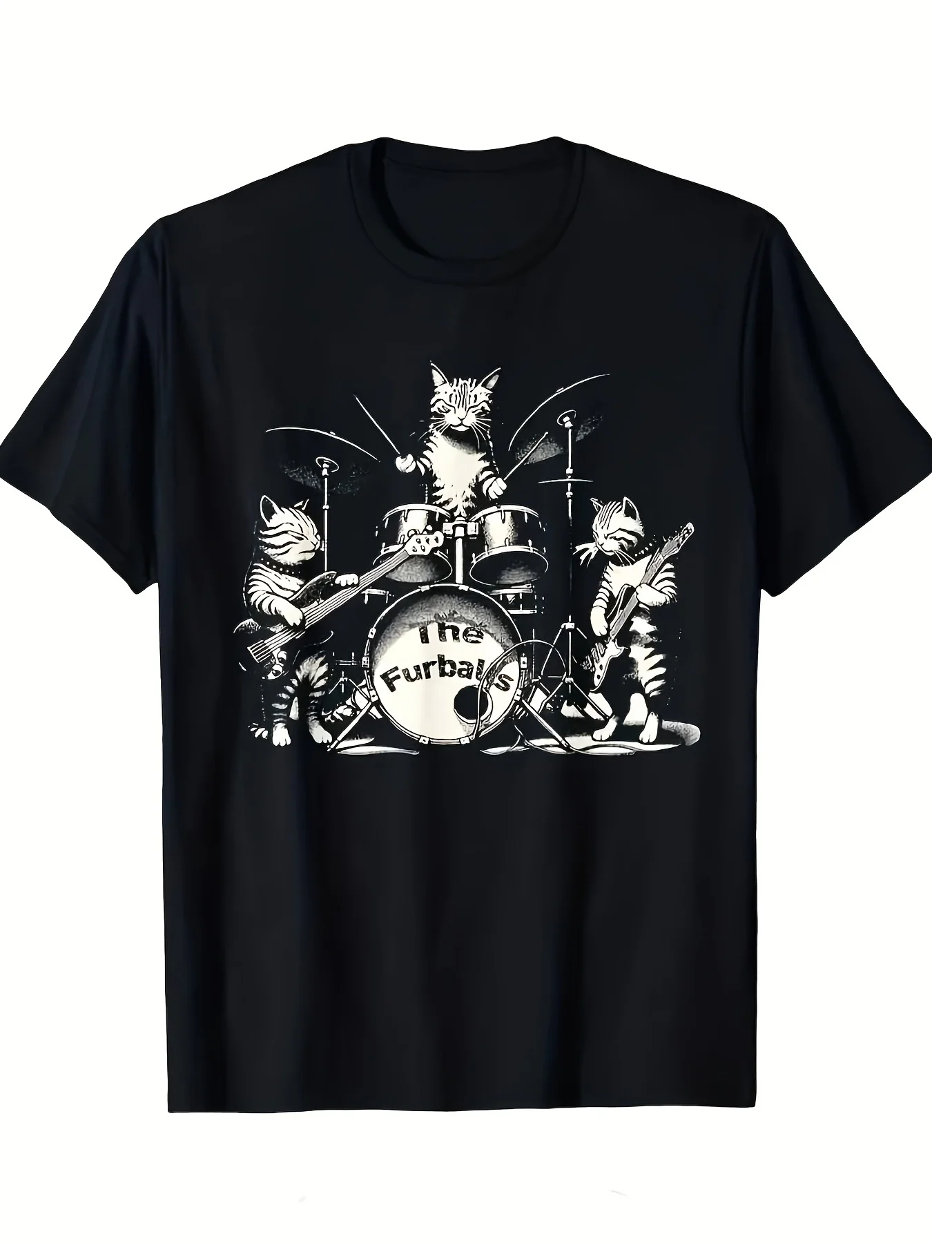 Humorous Cat Band Rock T-Shirt- Heavy Metal Music Tee with Drummer, Guitarist Bassist Cats- Soft Breathable Suitable for Concerts, Gifts for Cat Dad, Round Neck Casual Shirt for Summer, Male Rock Band Apparel